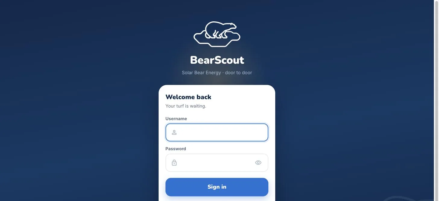 The sign-in screen carrying Solar Bear Energy's bear mark and BearScout name